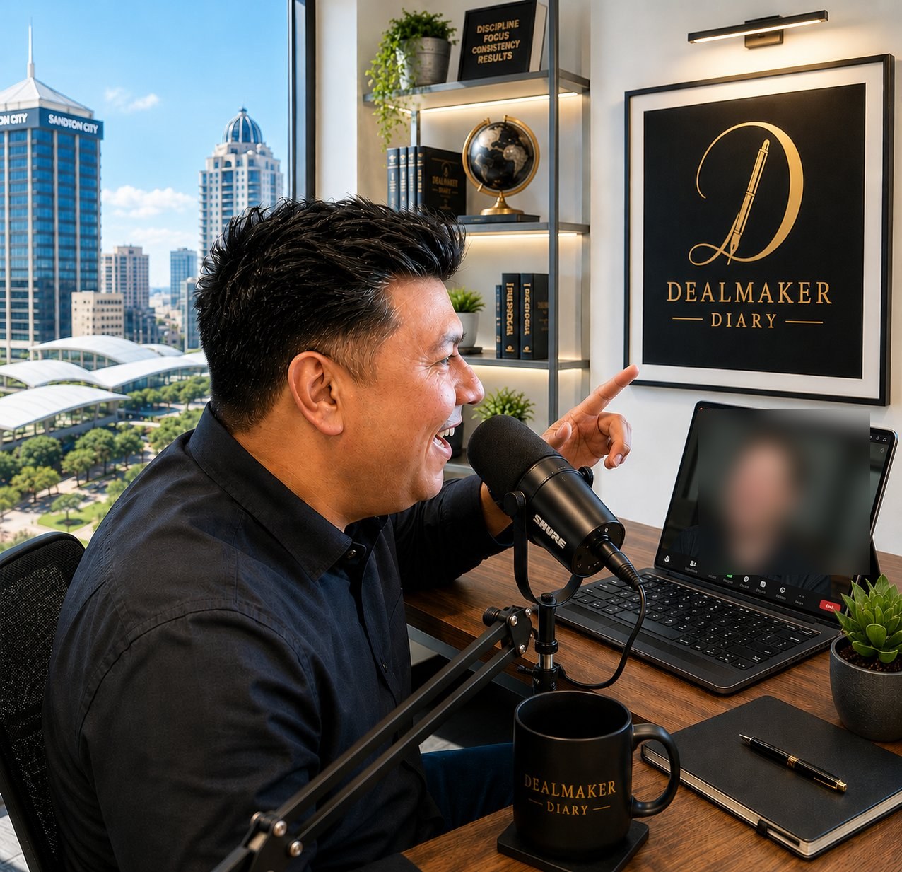 Yathin recording Dealmaker Diary in studio, Sandton skyline behind him